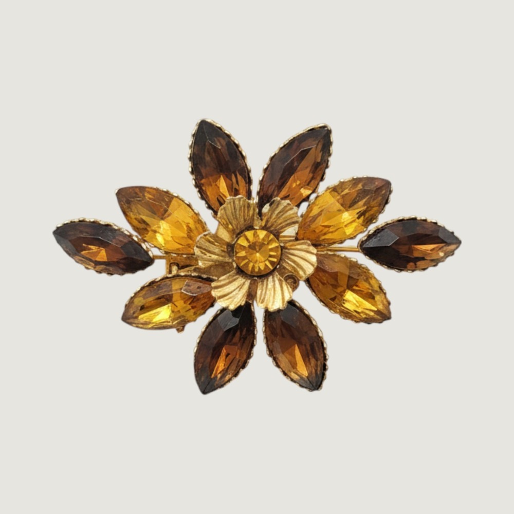 Vintage Floral Rhinestone Brooch Amber Topaz Navette Gold Tone Retro Glamour